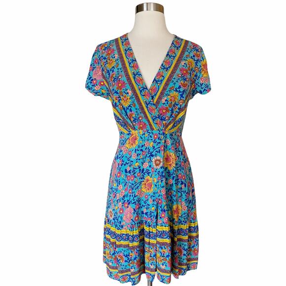 Mini Dress Boho Exotic Print Spell Inspired Blue Cotton Short Sleeves Medium EUC - Picture 9 of 11